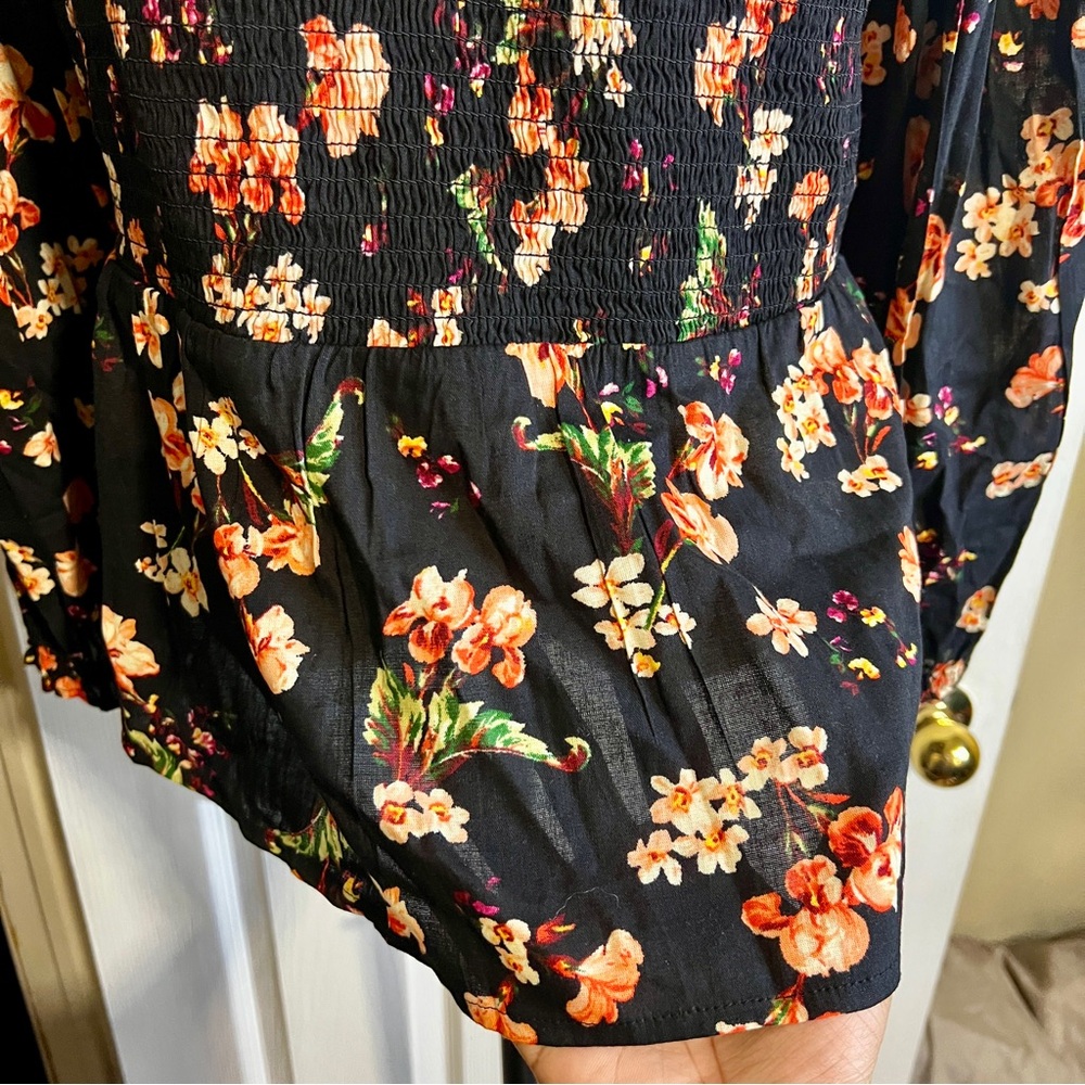 New Old Navy Floral Cotton Knit Puff Sleeve Smocked‎ Peplum Ruffle Boho Top XL - Picture 6 of 13
